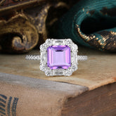 2.5CT Radiant Cut Amethyst Engagement Ring Pave Halo Bridal Ring